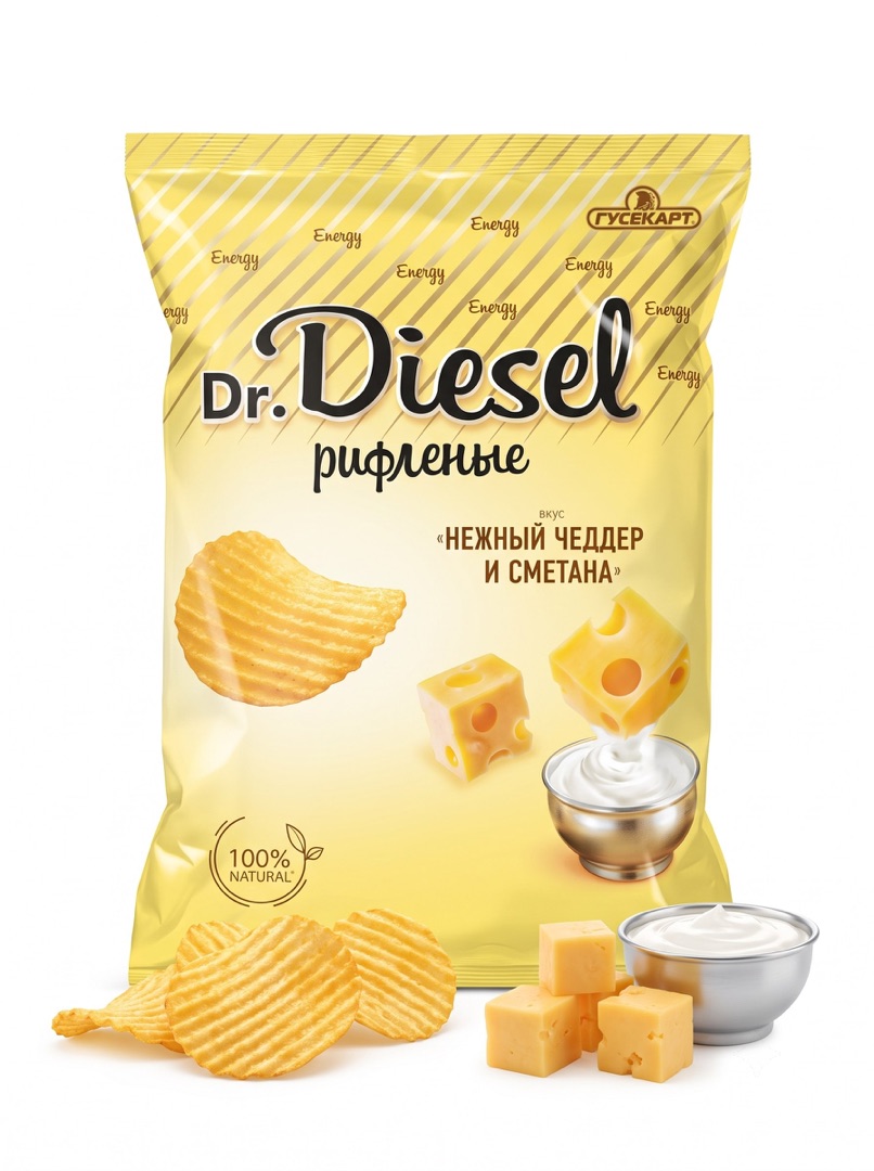Фото Чипсы картофельные Dr.Diesel со вкусом нежный чеддер и сметана рифлен 120гр