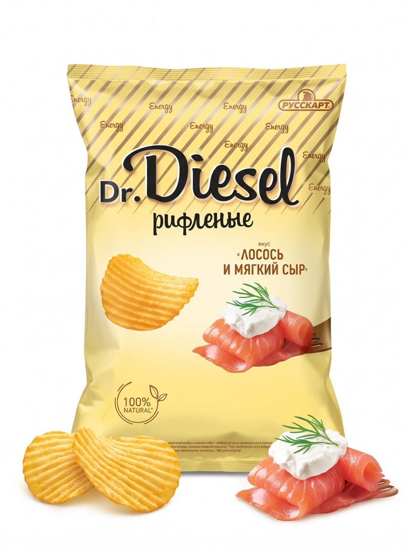 Фото Чипсы картофельные Dr.Diesel со вкусом лосось и мягкий сыр рифлен 120гр
