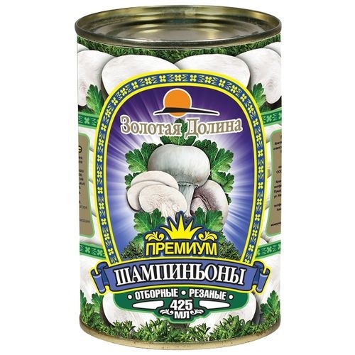 Фото Шампиньоны резаные ж/б Золотая Долина 425 гр
