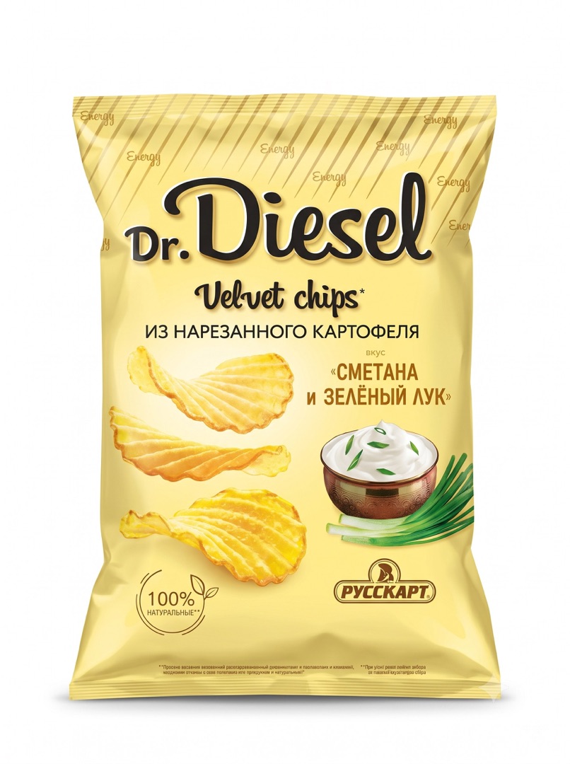 Фото Чипсы картофельные Dr.Diesel со вкусом сметана и зеленый лук рифлен 120гр